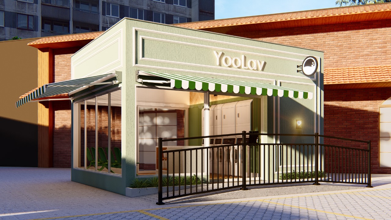 Renderização 3D da fachada moderna da YouLav - Lavanderia Self-Service com design contemporâneo em Goiânia